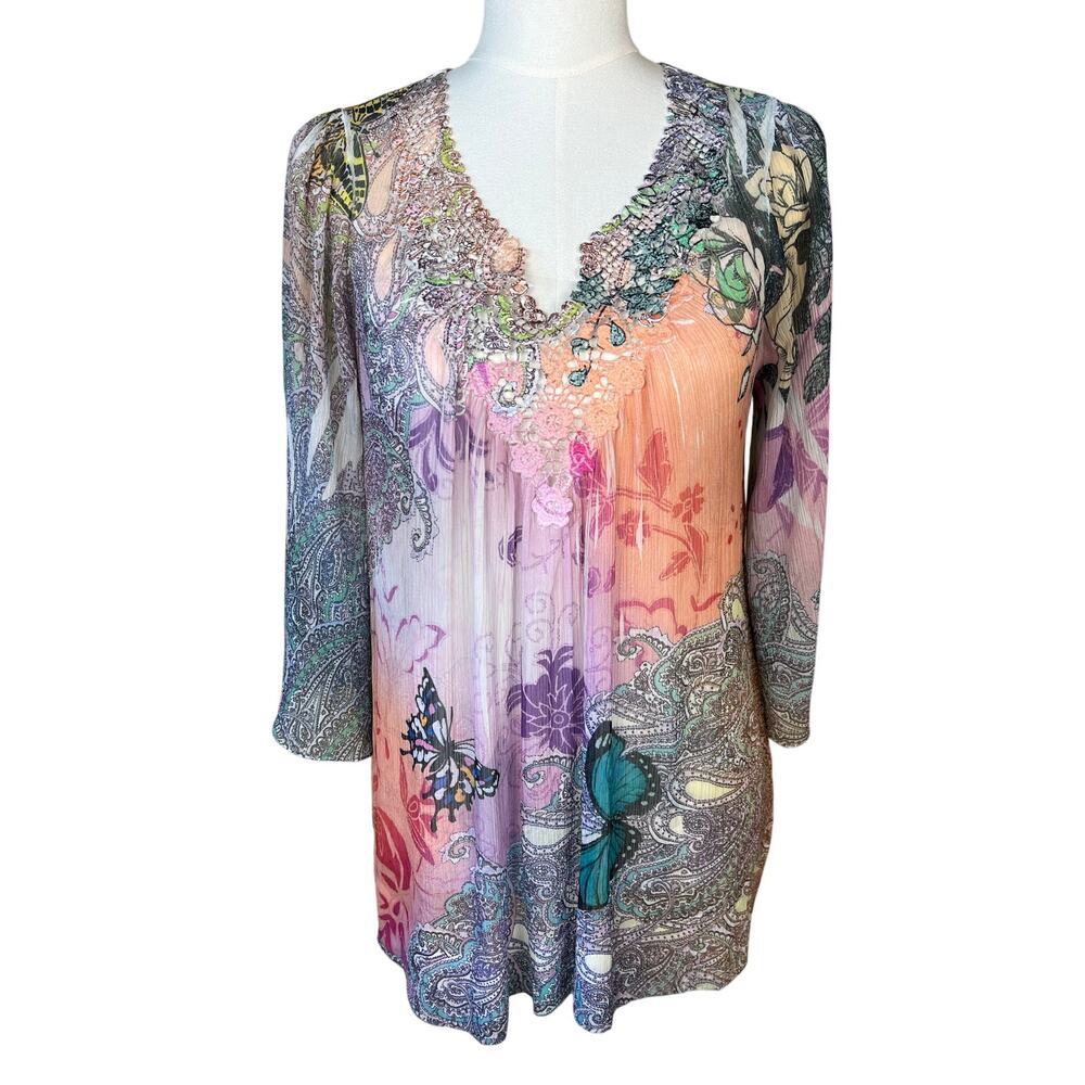 Mushka By Sienna Rose Top Semi Sheer Floral Pastel Boho Embroidered Size S